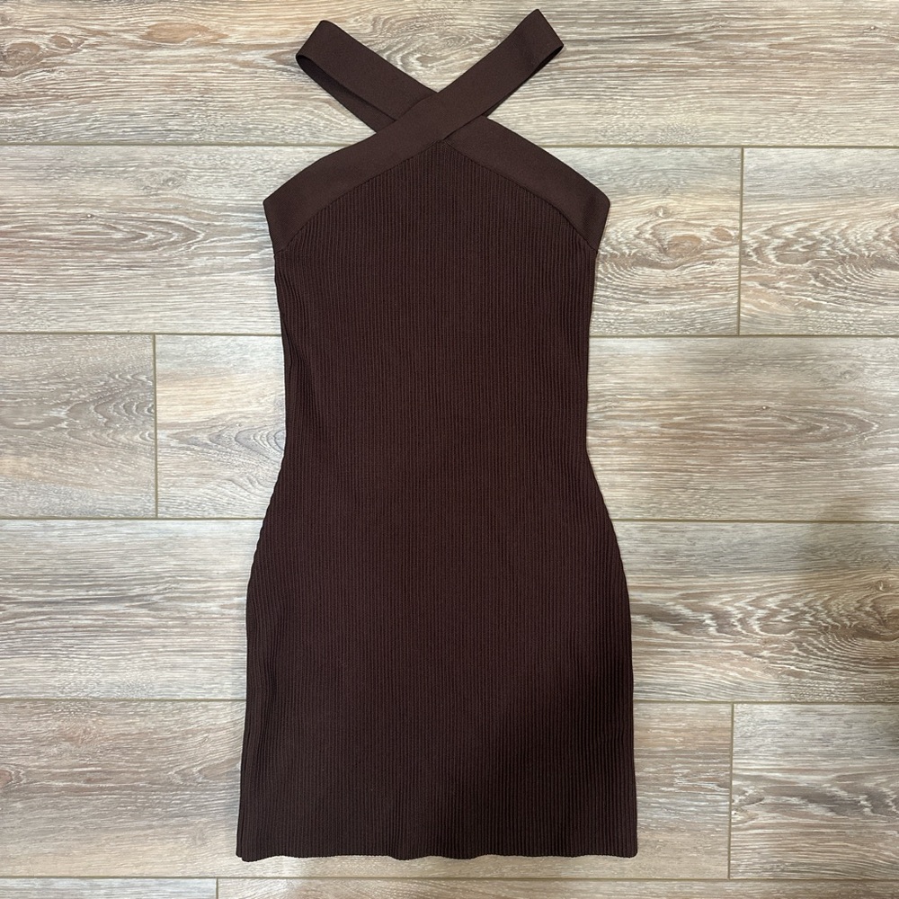 Aritzia Babaton Brown Sculpt Knit Halter Criss Cross Dress
